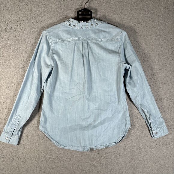 Kut From The Kloth Denim Shirt Women’s Size S Light Wash Pearl Snap Spike Collar - Picture 10 of 16